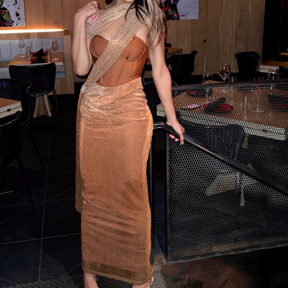 GOLD CELESTINA DRAPED MAXI DRESS